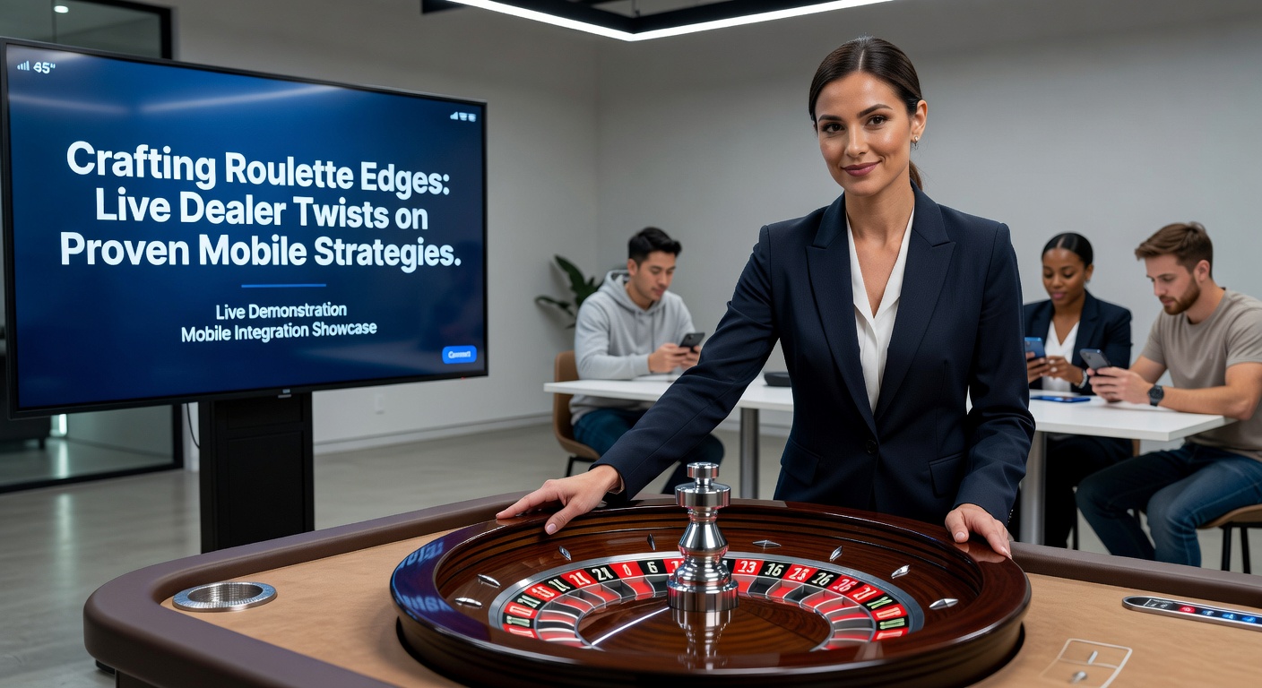 Nahaufnahme eines Live-Roulette-Rades mit Dealer-Hand, umgeben von mobilen Interfaces, die Strategie-Anpassungen illustrieren